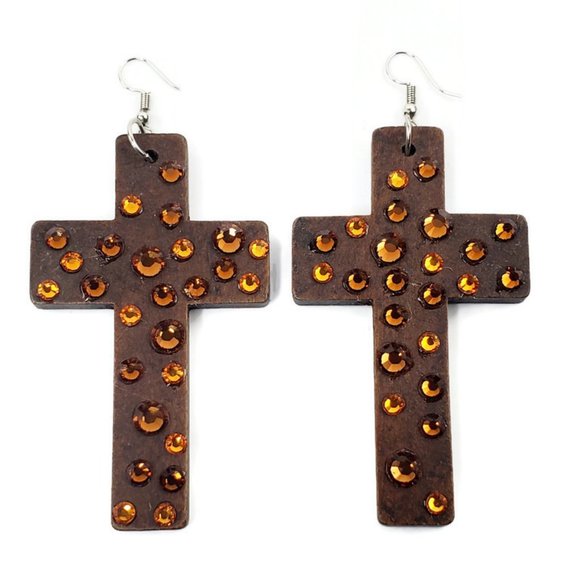 Chocolate Handcrafted Wooden Cross with Swarovski Crystals. - Picture 1 of 6